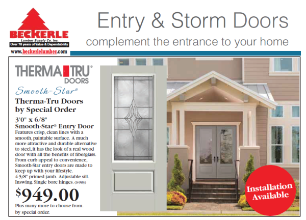 DOOR SALE:
Time for A New FRONT Smooth Star Fiberglass Door? Beckerle Lumber is your Door Store.