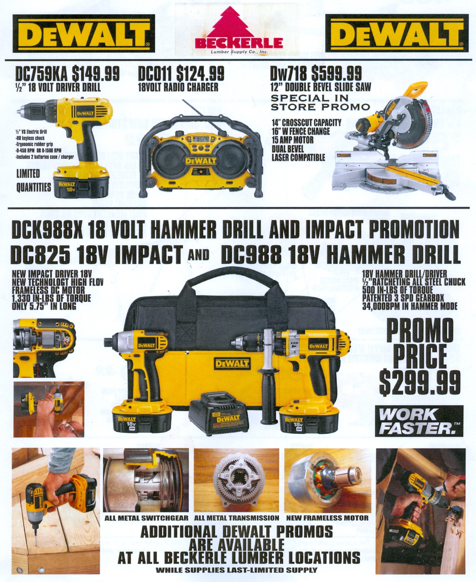 BECKERLE LUMBER
            - NOT JUST LUMBER -  POWER TOOL SALE:
      DC759KA $149.99,DC011 $124.99,DW718 $599.99....+
                                come on in and SAVE money